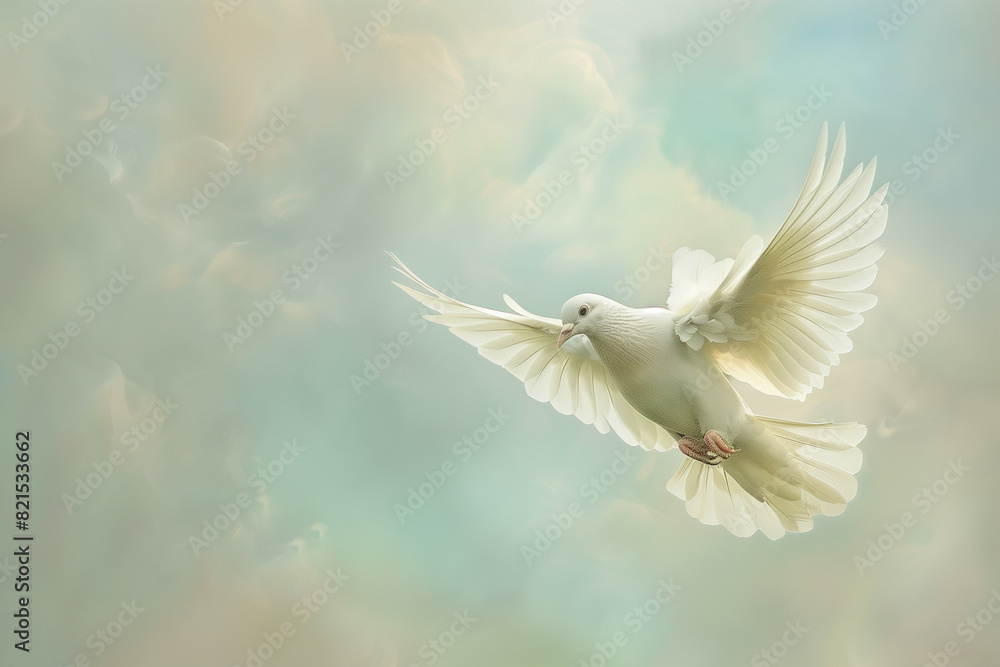 Obraz premium A Beautiful White Dove in Mid-Flight with Its Wings Gracefully Spread Against a Soft, Pastel-Colored Sky Background, Symbolizing Peace, Freedom, and Purity in a Serene and Tranquil Scene