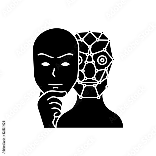 Deep fake concept robot wearing human face mask black hand drawn icon