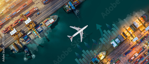 Aerial view and top view cargo plane flying above ship port in the export and import business and Smart logistics international goods. Shipping cargo to harbor by crane