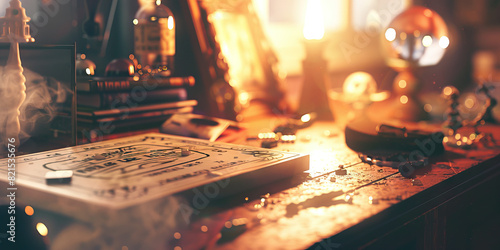 A Strange and Mysterious Voyage: A desk adorned with occult artifacts, a Ouija board, and a crystal ball.