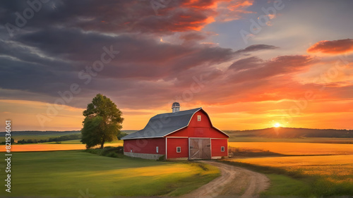 Summer sunset with a red barn in rural