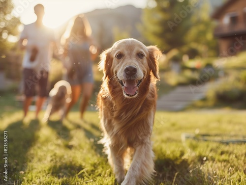 A dog is running in a grassy field with a family of three people behind it. The dog is happy and he is enjoying its time outdoors