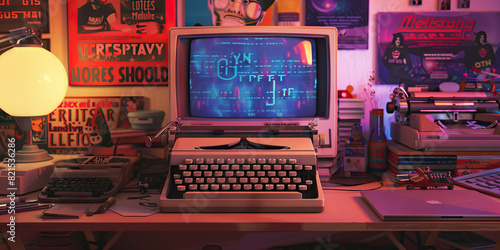 The Melancholy of Cyberspace: A desk adorned with vintage posters, a retro typewriter, and an old school computer. photo