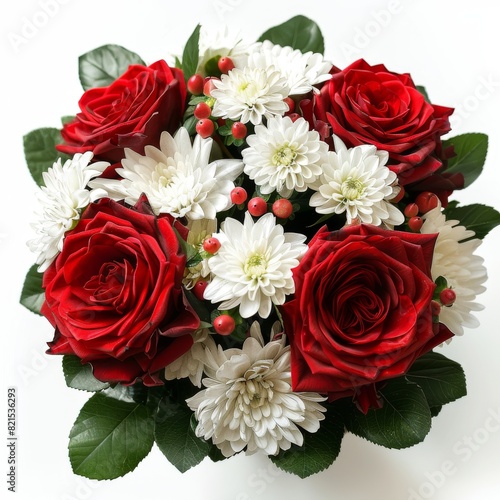 A top view of a bouquet featuring vibrant red roses  white flowers  and green leaves against a white background