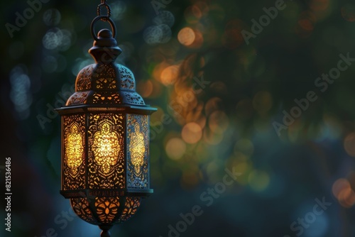 The Muslim feast of the holy month of Ramadan Kareem. Beautiful background with a shining lantern Fanus. Free space for your text.