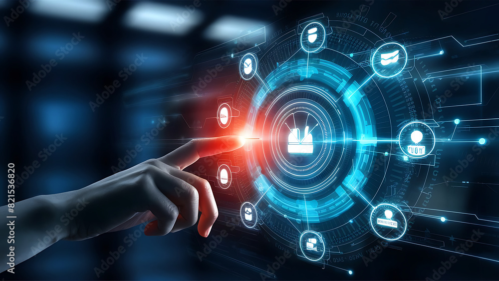 Digital technology, internet network connection concept. Finger touching on virtual screen with futuristic technology background, data exchange Digital technology, internet network connection concept. Finger touching on virtual screen with futuristic technology background, data exchange