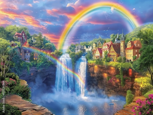 A colorful rainbow is above a waterfall in a town. The houses are small and quaint  and the sky is filled with clouds. The scene is peaceful and serene  with the waterfalls