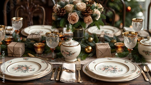 A table set with elegant dinnerware, surrounded by carefully wrapped gifts, creating a warm holiday atmosphere © Qadeer