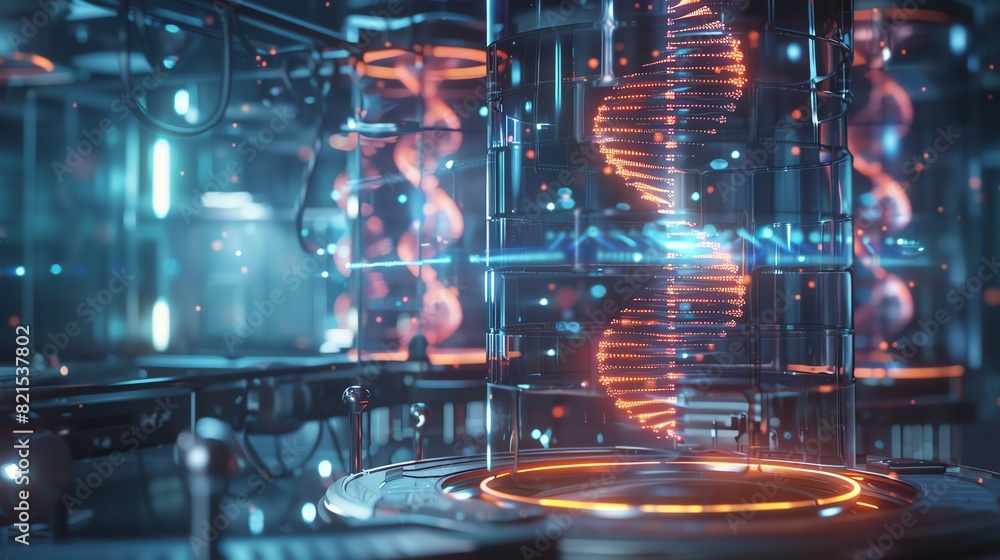 Futuristic digital DNA helix structure with neon lights in a high-tech ...
