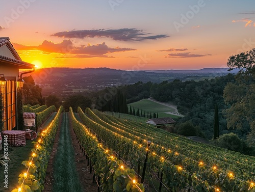 A vineyard with a house in the background. The sun is setting and the sky is orange