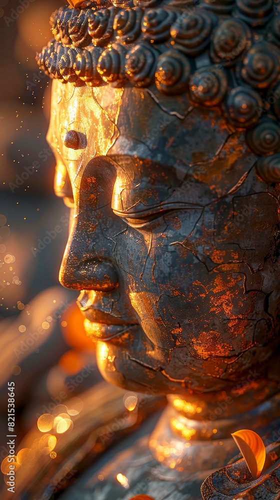 Obraz premium Golden Buddha Statue Close-Up: Serene and Detailed AI-Generated Image