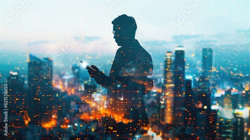 Double exposure of a businessman holding a mobile phone and a cityscape at night. A businessman standing in front of a buildings background with copy space,