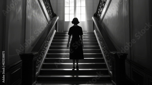 As she reaches the bottom of the stairs, the woman pauses for a moment, her presence commanding attention and respect, a symbol of strength and resilience in the face of adversity.