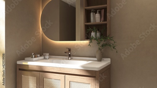 Obraz na płótnie Wooden brown vanity counter, white washbasin, mirror cabinet in sunlight on wall