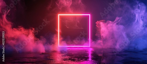 Square frame with colorful neon lights and glowing smoke in a dark room