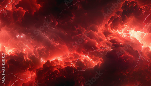 Fiery red clouds illuminated by lightning strikes.