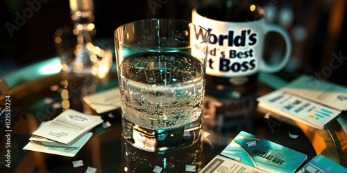 A glass of stagnant water, surrounded by business cards and a 