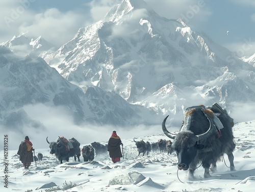 A group of people are walking through the snow with a large bull in the foreground. The scene is peaceful and serene photo
