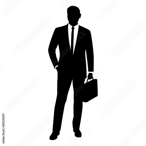 a business man stand with briefcase vector silhouette, black color illustration, solid white background