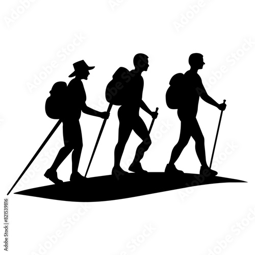 hiking people silhouette vector art illustration, black color silhouette, white background