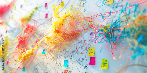 Endless Oasis of Creativity: A Whiteboard Abounding with Sketches, Sticky Notes, and a Vibrant String Map