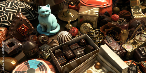 The Fractal Garden of Distractions: A chaotic arrangement of knick-knacks, a paperweight shaped like a cat, and a half-empty box of chocolates photo