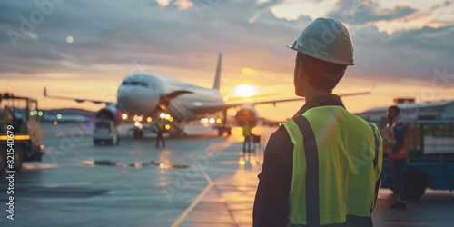 An airport worker in a hard hat and safety vest is standing on the tarmac and looking at a plane.