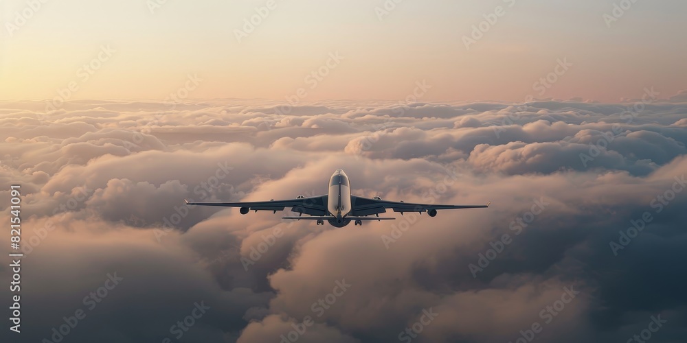 Large modern passenger airplane flying high above the clouds at sunset. Large modern passenger airplane flying high above the clouds at sunset.