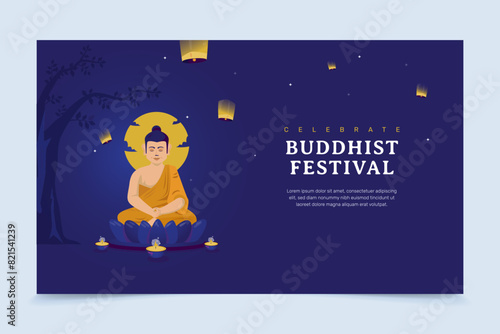 Happy Vesak day with Siddhartha Gautama statue in meditation on banner design