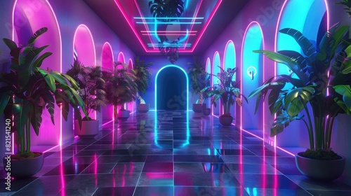 futuristic neon interior  glowing plants and arches  3d cartoon