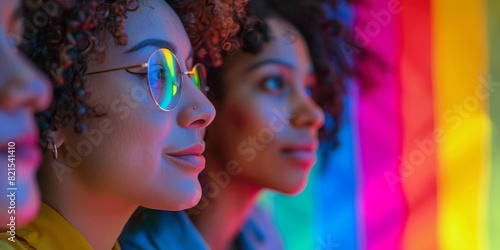 Three young women of different ethnicities stand in front of a rainbow flag