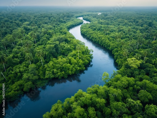 A river runs through a lush green jungle. The water is calm and clear, and the trees are tall and dense. The scene is peaceful and serene, with the river providing a sense of tranquility