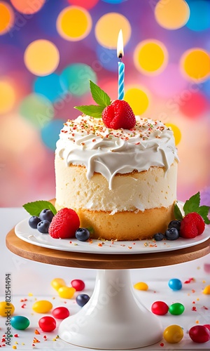 Tres leches cake, birthday cake, on a colorful bokeh background, ai generative