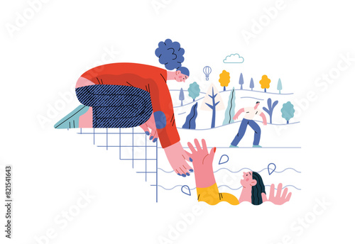 Mutual Support: Save a drowning person -modern flat vector concept illustration of woman reaching out to drowning woman A metaphor of voluntary, collaborative exchanges of resource, services