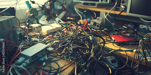 Electrical Wires and Gadgets: A Chaotic Symphony of Connectivity on a Cluttered Workstation photo