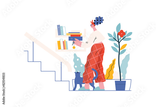 Mutual Support: Book Swap -modern flat vector concept illustration of a woman leaving books on a shelf in hallway for neighbors A metaphor of voluntary, collaborative exchanges of resource, services