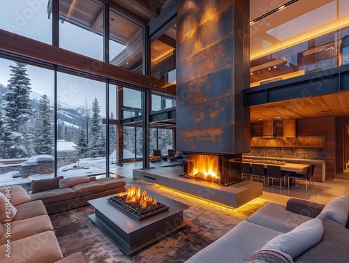A large living room with a fireplace and a view of the mountains. The room is well-lit and cozy, with a comfortable couch and chairs. The fireplace is lit, creating a warm and inviting atmosphere