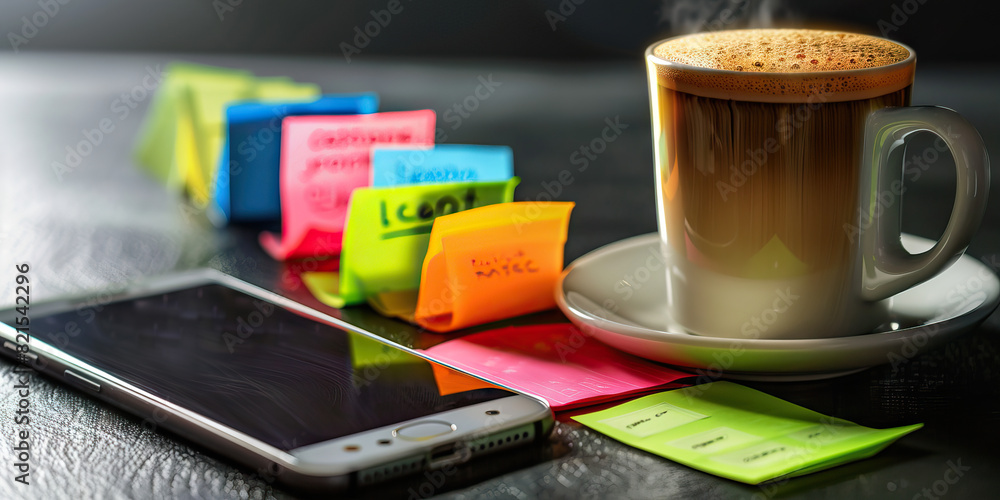 custom made wallpaper toronto digitalThe Caffeinated Pulse of Innovation: A steaming cup of coffee, next to a row of colorful sticky notes and a sleek smartphone