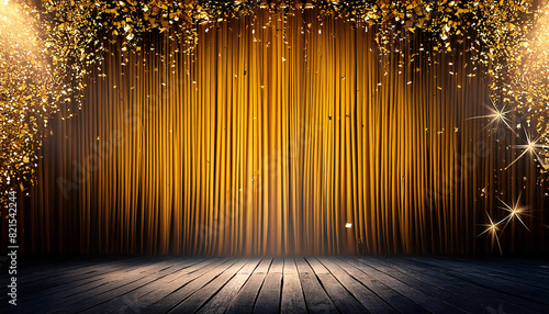 ゴールドカーテン。光り輝くステージに照らされたスポットライト。gold curtains. A spotlight illuminated by a shining stage.
