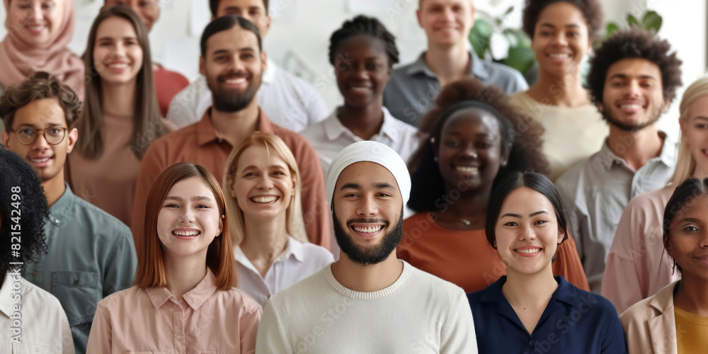 A large group of people, diverse in ethnicity and age, smile and represent workplace diversity. A large group of people, diverse in ethnicity and age, smile and represent workplace diversity.