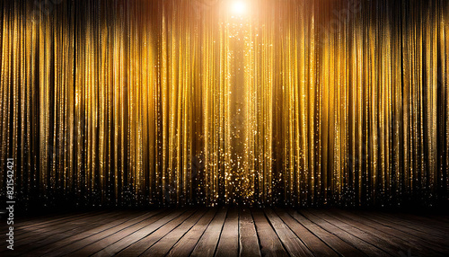 ゴールドカーテン。光り輝くステージに照らされたスポットライト。gold curtains. A spotlight illuminated by a shining stage.