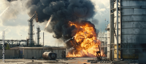 An explosion at an oil facility fills the sky with flames and thick black smoke, set against a backdrop of large industrial tanks and buildings.