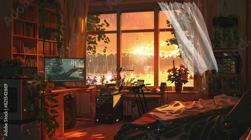 The bedroom interior is equipped with a PC setup with sunset views. 4k animated video that runs in a smooth loop