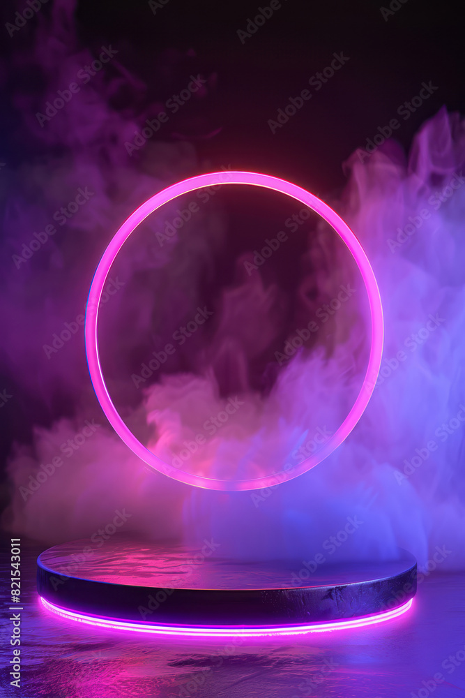An abstract background podium with neon lights and smoke provides a round empty stage for product presentation in a futuristic scene. An abstract background podium with neon lights and smoke provides a round empty stage for product presentation in a futuristic scene.