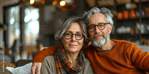 A middle-aged couple sits in a modern living room, one wearing black glasses and the other with short grey hair with bangs. photo