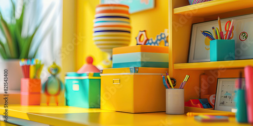Splashes of Sunshine: A vibrant, yellow-themed desktop organizer, complete with cheerful storage boxes and playful office decorations © Lila Patel