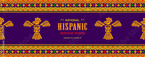 National Hispanic heritage month banner with Mayan or Aztec bird totem, vector ornament pattern. Latin Americans holiday of traditional Hispanic heritage of handicraft art, culture and traditions