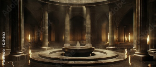 A circular room with stone pillars exudes a dark atmosphere.