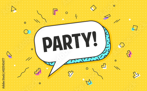 Memphis party speech bubble for celebration message, vector background. Birthday party, holiday carnival or entertainment festival greeting in chat message bubble with Memphis shapes confetti