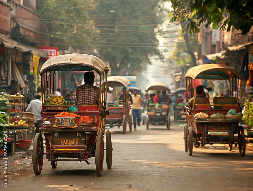 A busy street with a cart full of fruit and vegetables. The cart is in the middle of the street and is surrounded by other carts